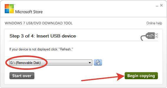 Выбираем флешку Windows 7 USB DVD Download Tool